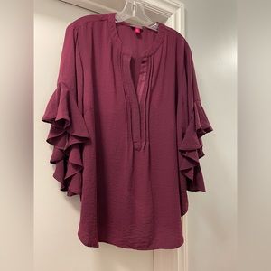 Vince Camuto Pleated Ruffled-Sleeve Blouse in Pickled Beet size 2X
